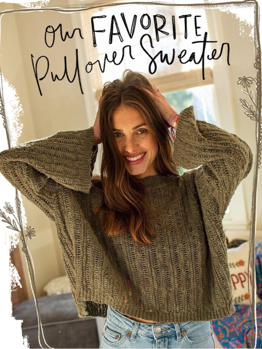 NATURAL LIFE Olive Green Cable-Knit Sweater with Bell Sleeves Small